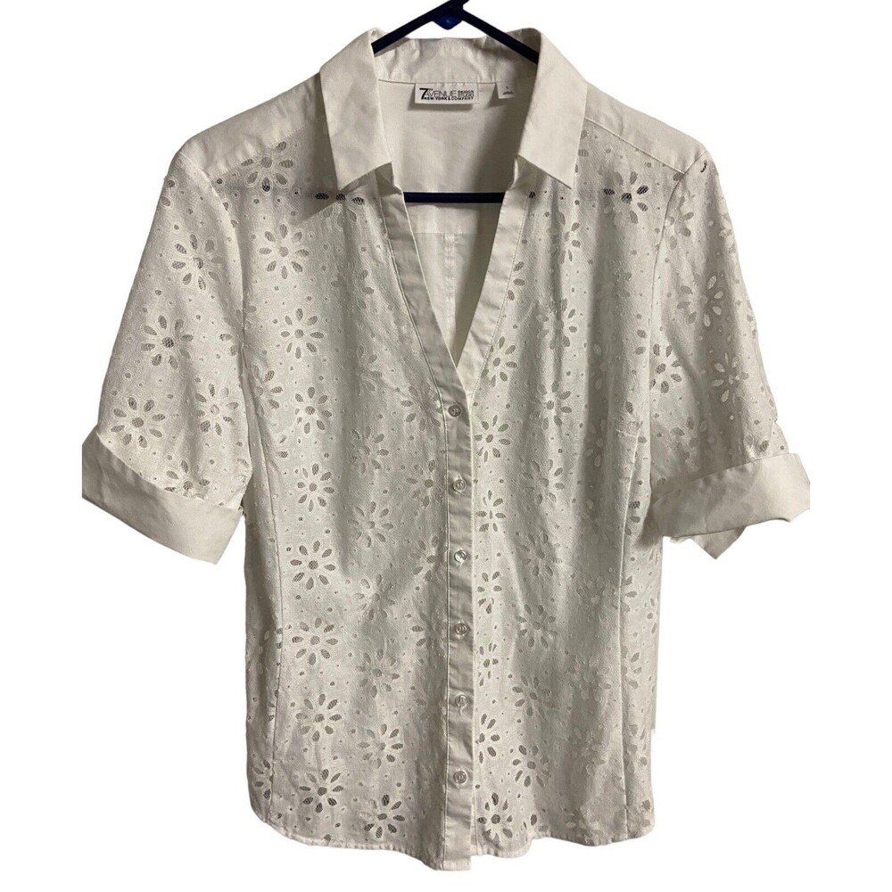 7th Avenue Design Studio V Neck Blouse Womens Size L White Lace Short Sleeved